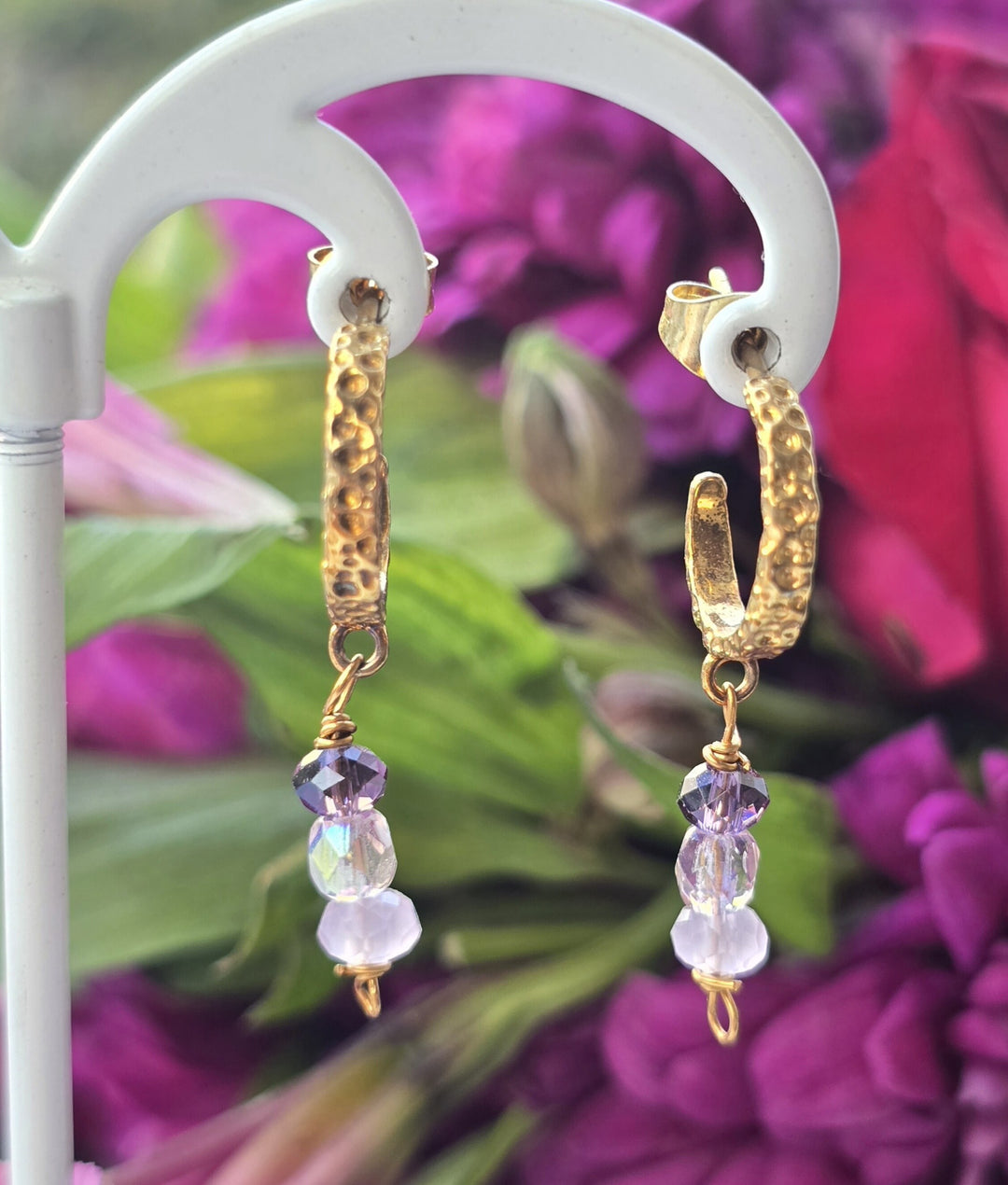 Øreringe med rosakvarts og lilla swarovski krystal