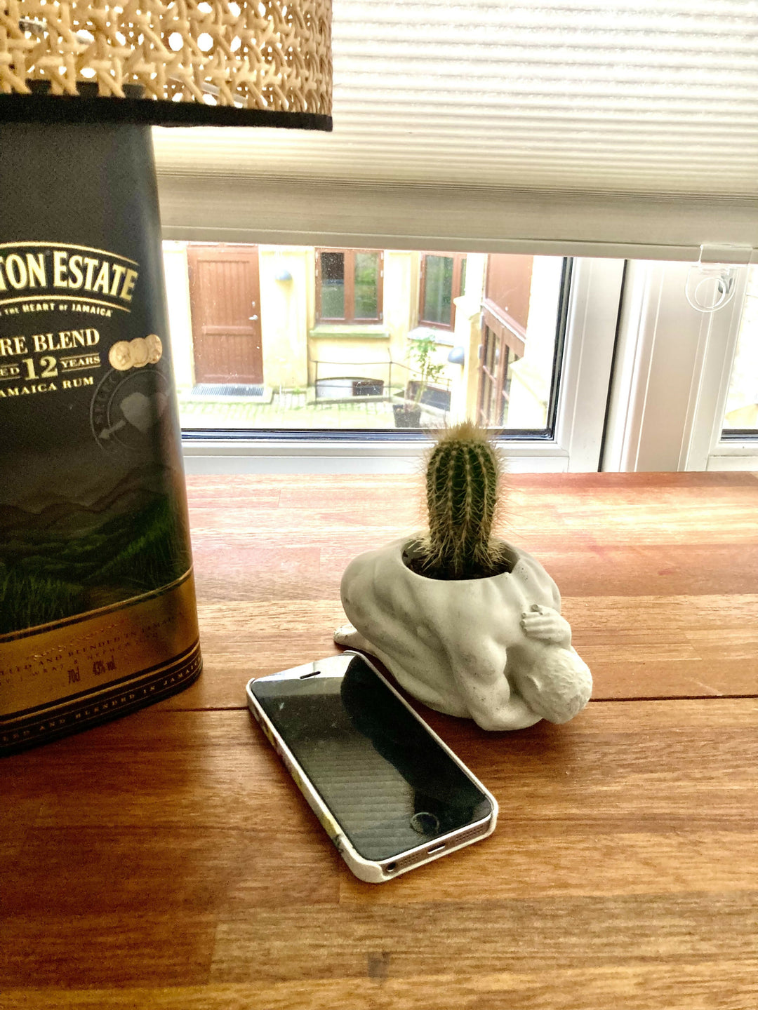 Pot with plant crouching man